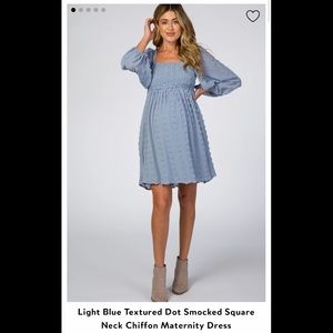Light Blue Textured Dot Smocked Square Neck Chiffon Maternity Dress, Size Small